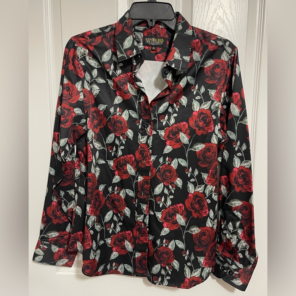 Cielo Black and Red Rose Button Down Shirt